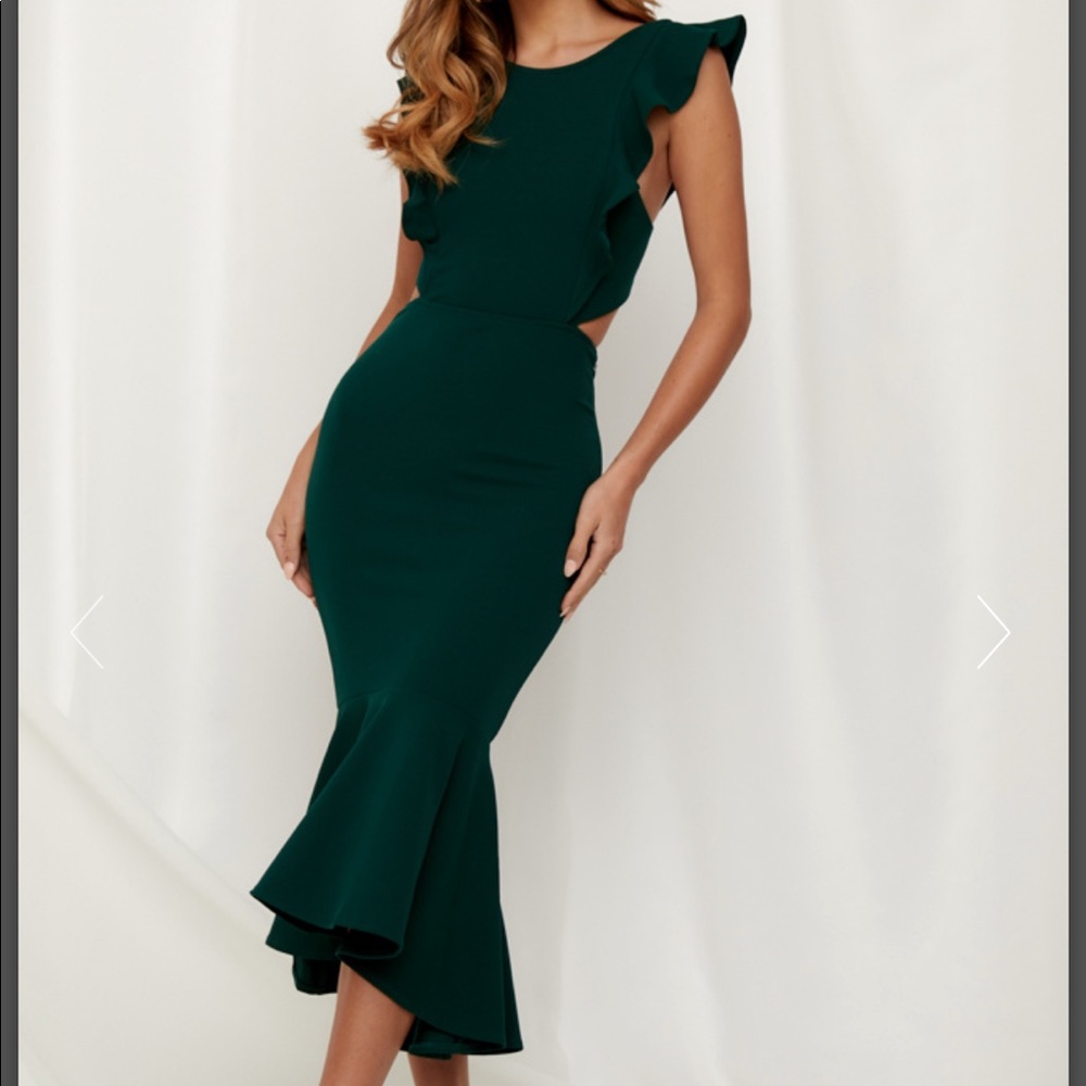 Forest green ruffle midi dress